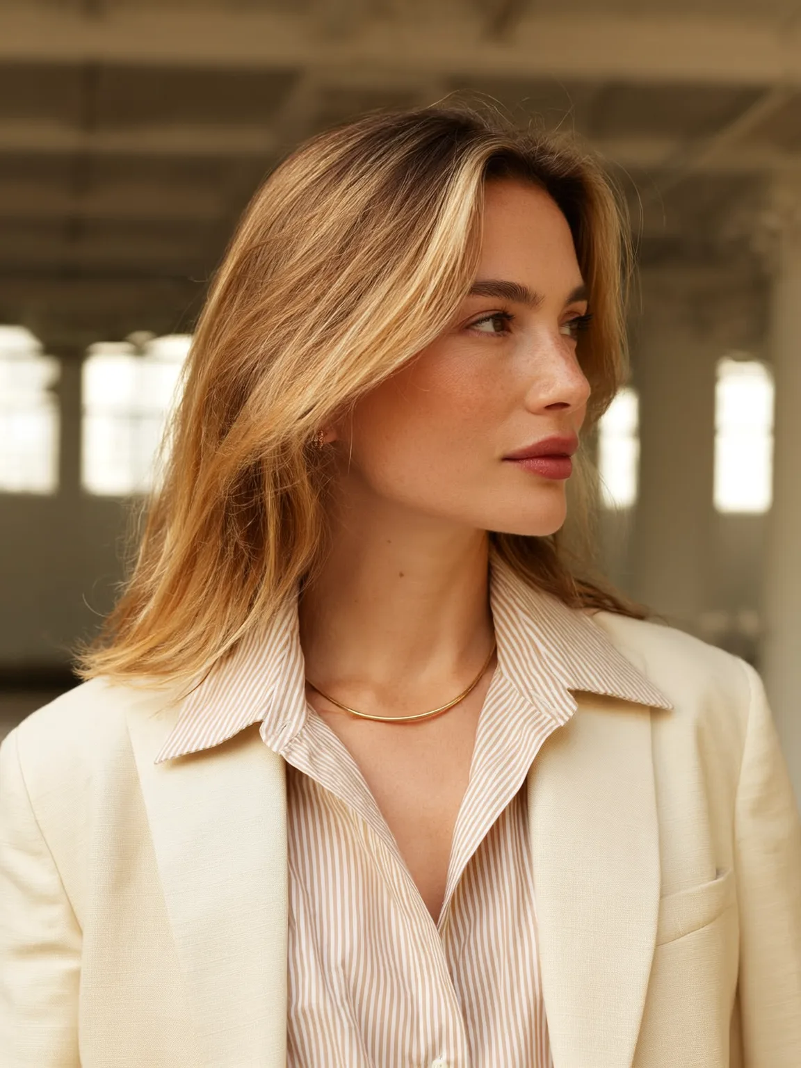 Honey Blonde Balayage Long Layers with Curtain Bangs